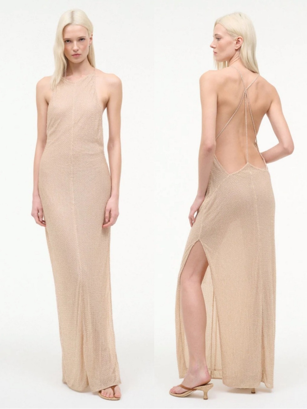 STAUD Rhea Dress Champagne Glass beaded Maci Dress Size 0 NEW! New with tags!